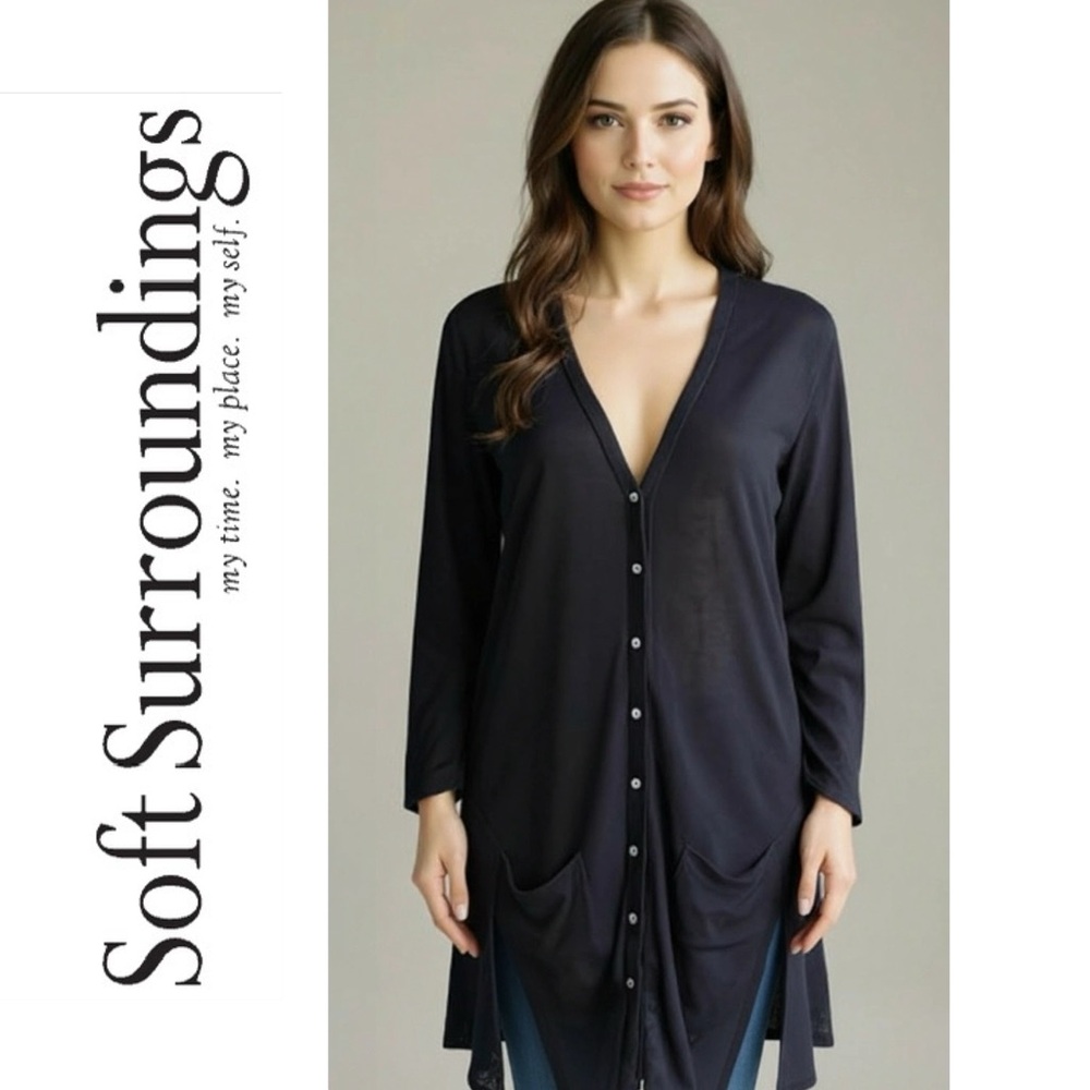 Soft Surroundings Women's Black Linen Long Gauzy Cardigan Pockets Size Medium